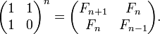 : begin{pmatrix} 1 & 1 \ 1 & 0 end{pmatrix}^n =        begin{pmatrix} F_{n+1} & F_n \                        F_n   & F_{n-1} end{pmatrix}.